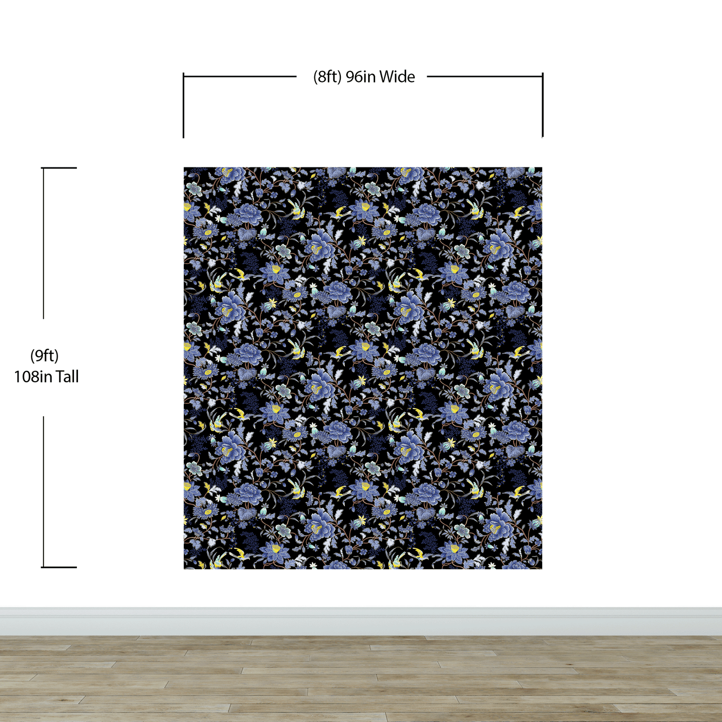 Blue and Black Color Flower Pattern Wall Mural. Tropical Botanical Floral Peel and Stick Wallpaper. #6437