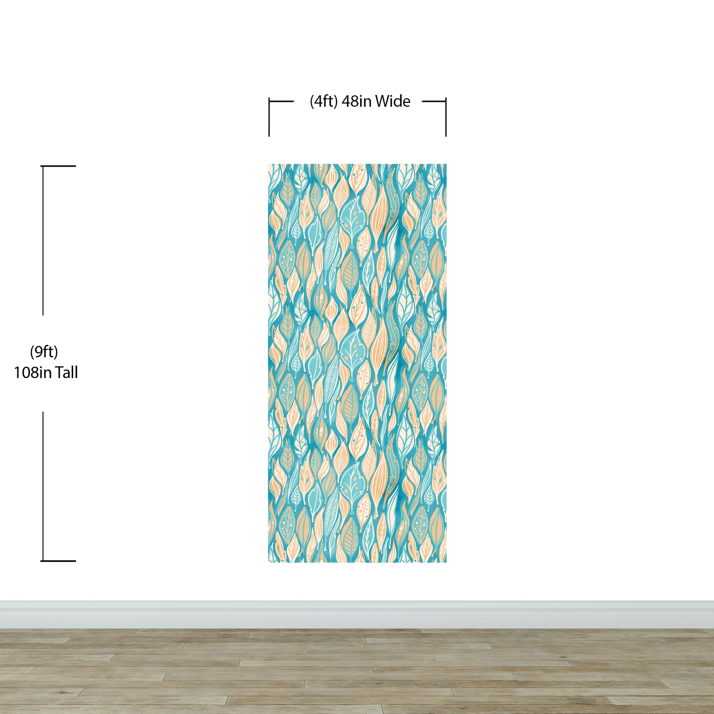 Teal Color Autumn Leaves Pattern Wall Mural. Retro Illustration Foliage Pattern. #6438