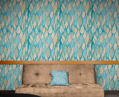 Teal Color Autumn Leaves Pattern Wall Mural. Retro Illustration Foliage Pattern. #6438
