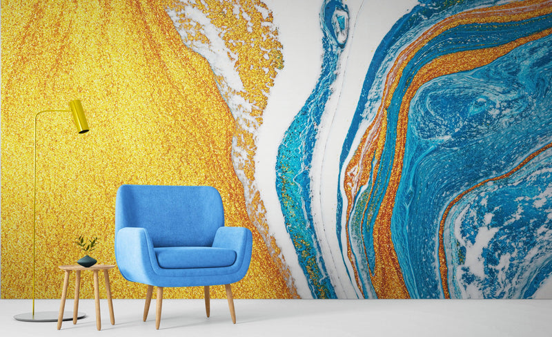 Abstract Bright Color Ink Splotch Pattern Wall Mural. Gold, White and Blue. #6439, view 2