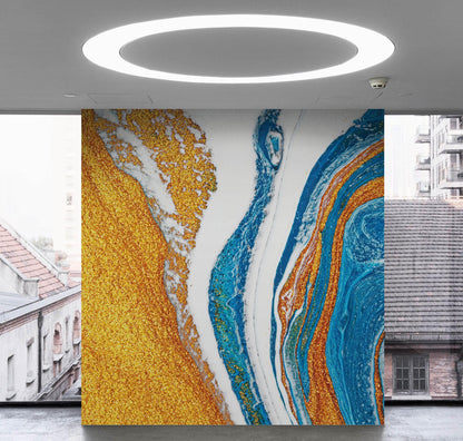 Abstract Bright Color Ink Splotch Pattern Wall Mural. Gold, White and Blue. #6439