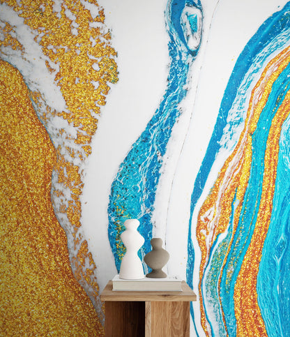 Abstract Bright Color Ink Splotch Pattern Wall Mural. Gold, White and Blue. #6439