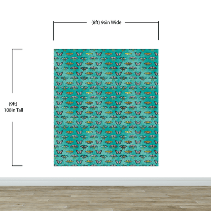 Butterfly Pattern on Green Background Wall Mural. Retro Green, Pink and Gold Color Illustration Design. Bedroom, Nursery, Home Decor. Peel and Stick Wallpaper. #6440