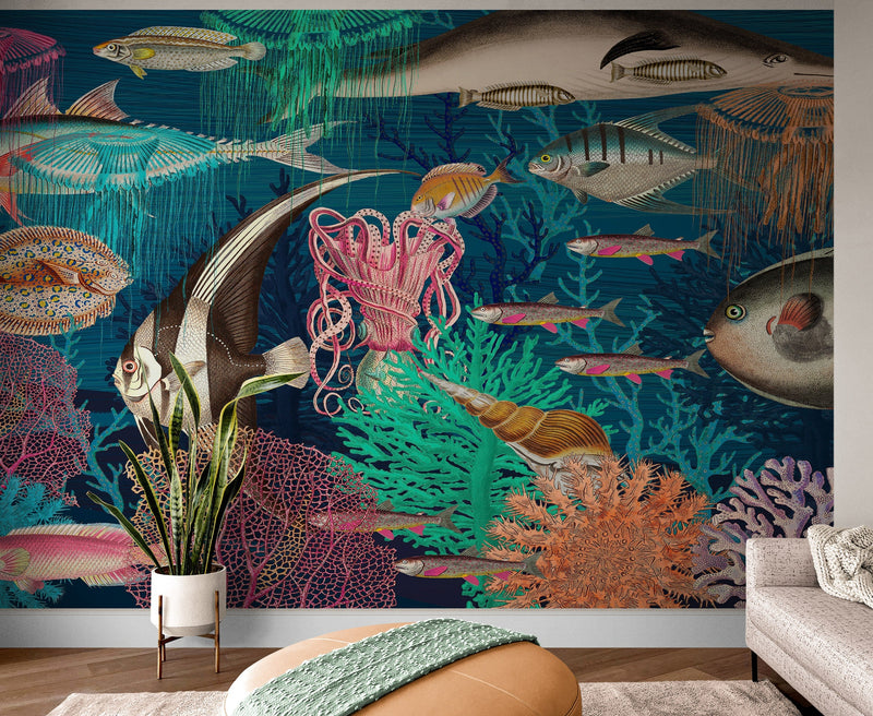Vintage Retro Underwater Marine Sea Life Wall Mural. Beach / Nautical / Marine Life Theme, view 2
