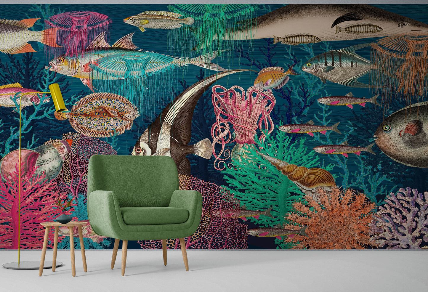 Vintage Retro Underwater Marine Sea Life Wall Mural. Beach / Nautical / Marine Life Theme Peel and Stick Wallpaper. #6442