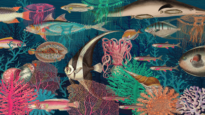 Vintage Retro Underwater Marine Sea Life Wall Mural. Beach / Nautical / Marine Life Theme Peel and Stick Wallpaper. #6442