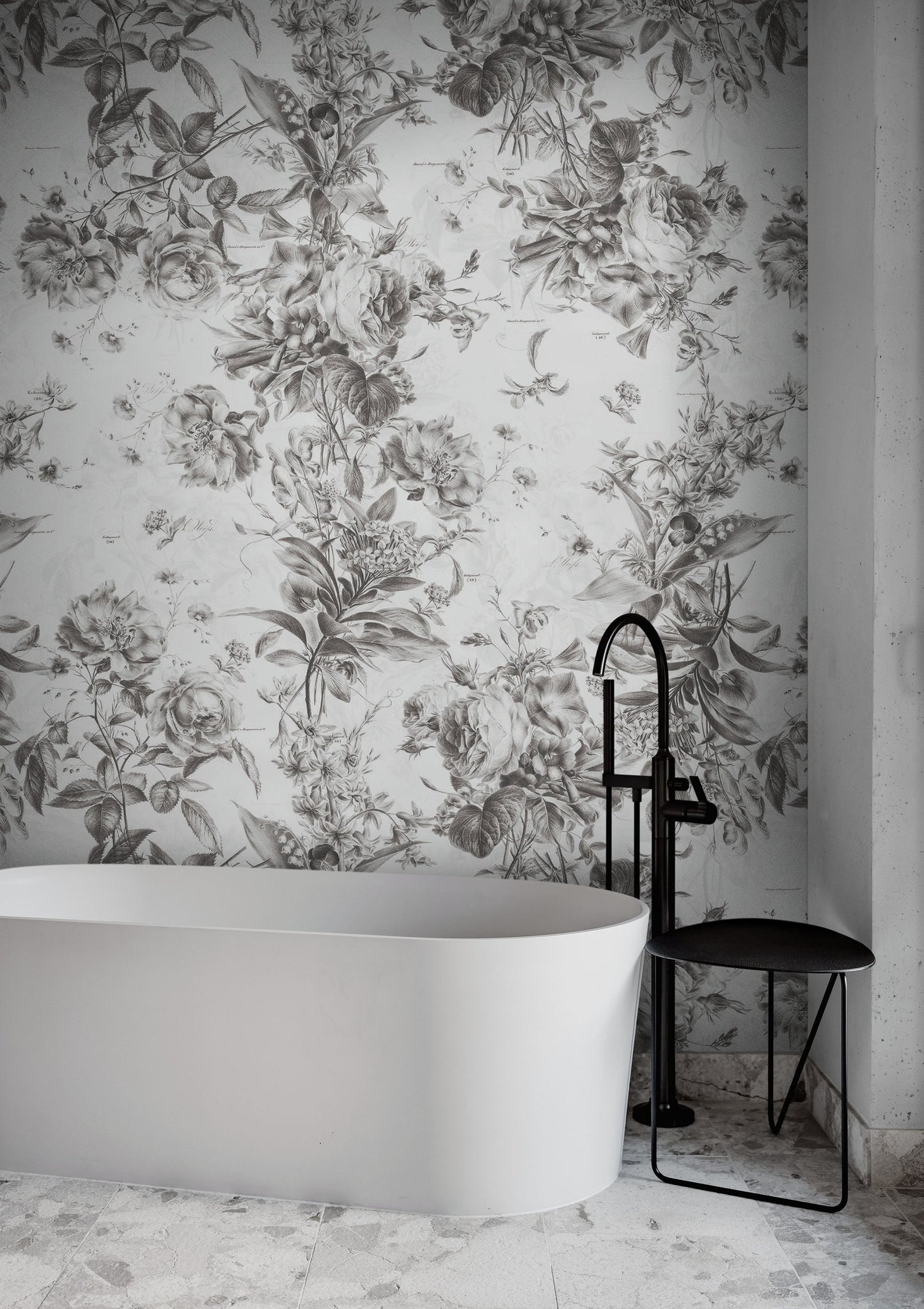 Vintage Flower Pattern Illustration Wall Mural. Black and White Peel and Stick Wallpaper. #6443