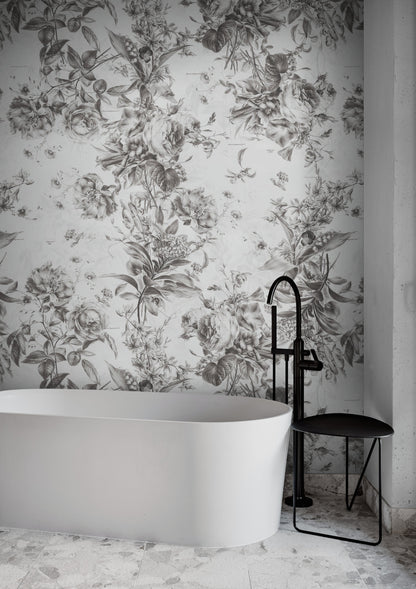 Vintage Flower Pattern Illustration Wall Mural. Black and White Peel and Stick Wallpaper. #6443