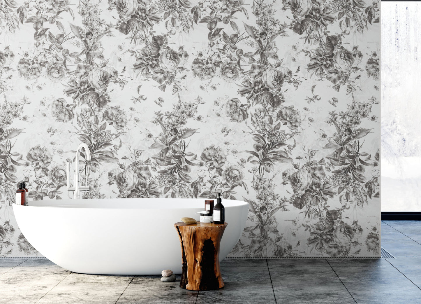 Vintage Flower Pattern Illustration Wall Mural. Black and White Peel and Stick Wallpaper. #6443