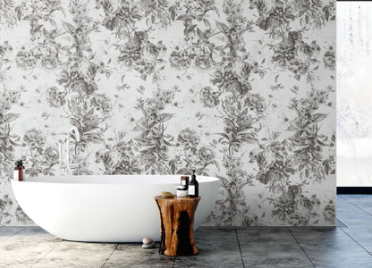 Vintage Flower Pattern Illustration Wall Mural. Black and White Peel and Stick Wallpaper. #6443
