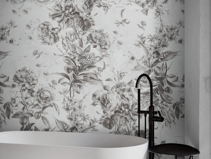 Vintage Flower Pattern Illustration Wall Mural. Black and White Peel and Stick Wallpaper. #6443