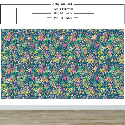 Colorful Flower Garden with Bird House Illustration Wall Mural. #6444
