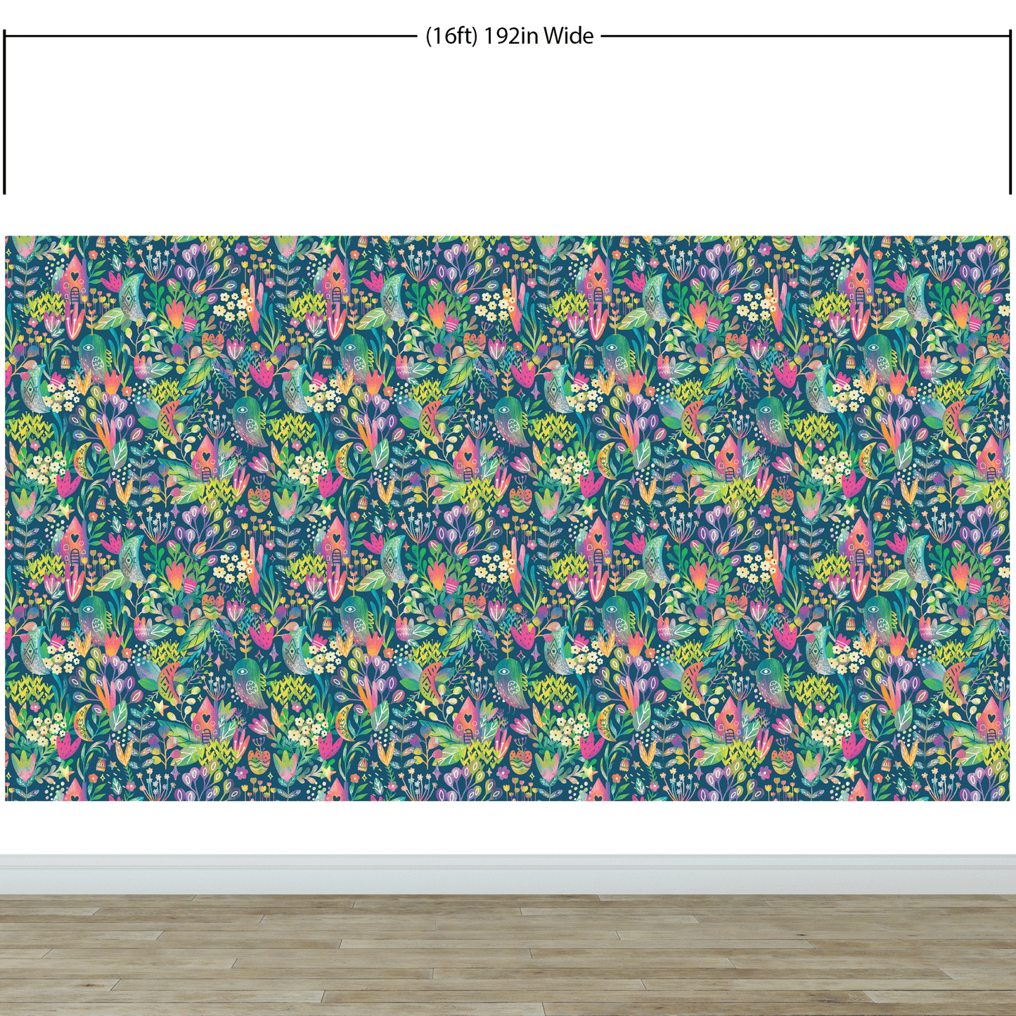 Colorful Flower Garden with Bird House Illustration Wall Mural. #6444