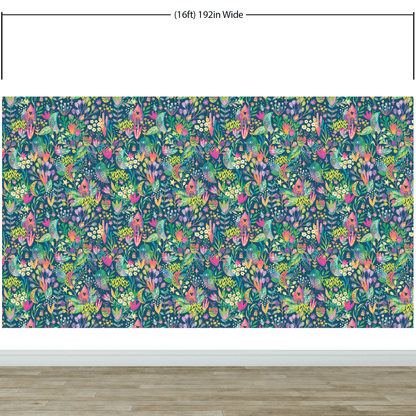 Colorful Flower Garden with Bird House Illustration Wall Mural. #6444