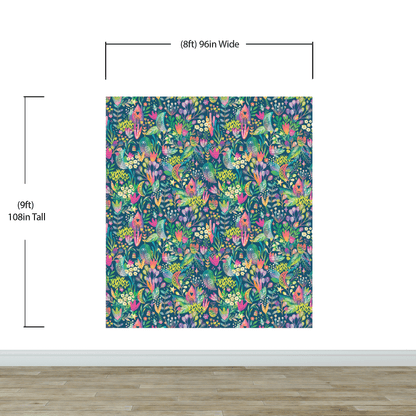 Colorful Flower Garden with Bird House Illustration Wall Mural. #6444