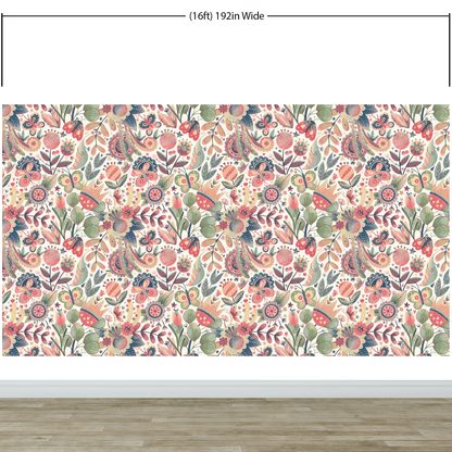 Flower Garden Illustration Wall Mural. Pastel Color Pattern Nursery, Bedroom, Kid’s Room Wall Decor. Peel and Stick Wallpaper. #6448