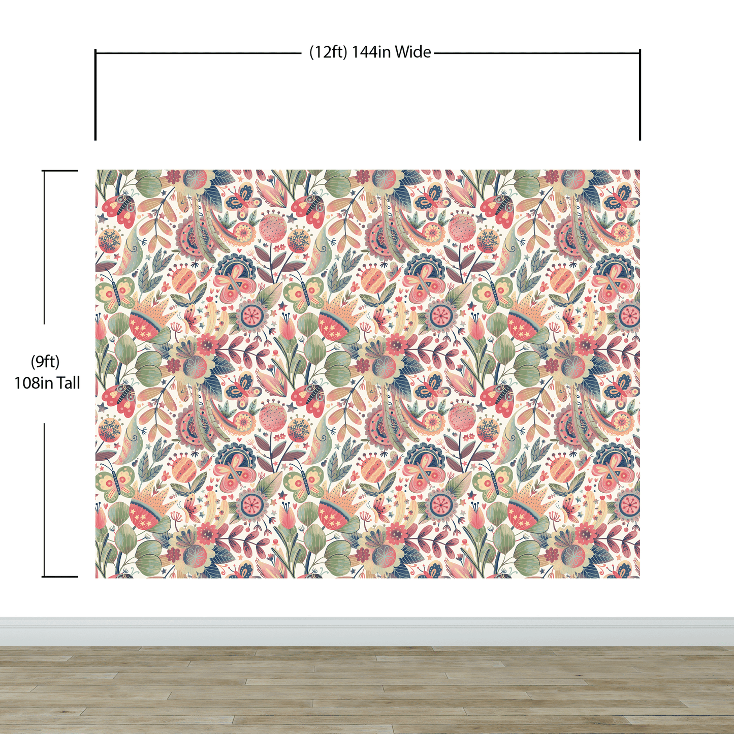 Flower Garden Illustration Wall Mural. Pastel Color Pattern Nursery, Bedroom, Kid’s Room Wall Decor. Peel and Stick Wallpaper. #6448