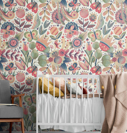 Flower Garden Illustration Wall Mural. Pastel Color Pattern Nursery, Bedroom, Kid’s Room Wall Decor. Peel and Stick Wallpaper. #6448