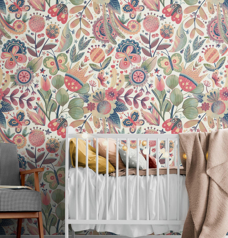 Flower Garden Illustration Wall Mural. Pastel Color Pattern Nursery, Bedroom, Kid’s Room Wall Decor. Peel and Stick Wallpaper. #6448