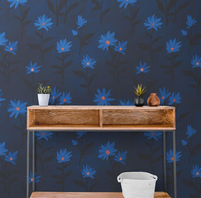 Blue Color Flower Wall Mural Pattern. Dark Navy Blue Background. #6451