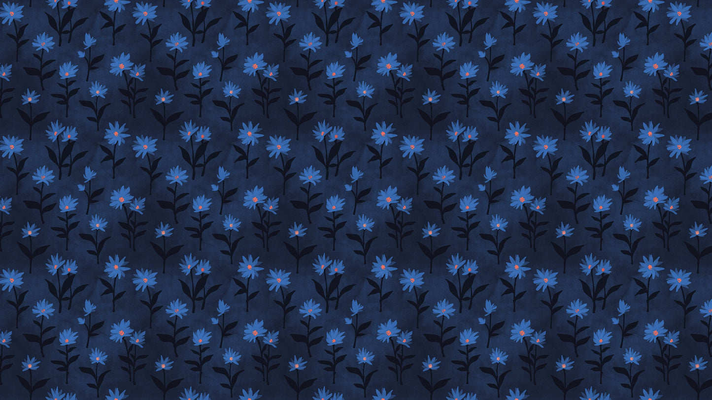 Blue Color Flower Wall Mural Pattern. Dark Navy Blue Background. #6451