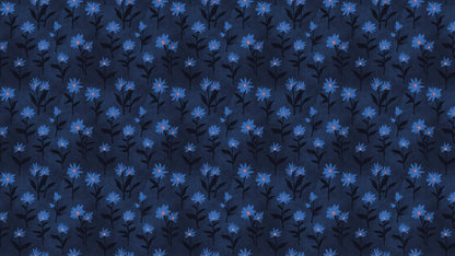 Blue Color Flower Wall Mural Pattern. Dark Navy Blue Background. #6451