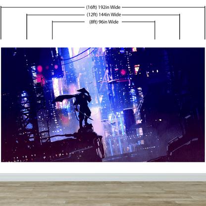 Japanese Samurai in Cyberpunk Futuristic City of Japan Wall Mural. #6452