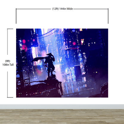 Japanese Samurai in Cyberpunk Futuristic City of Japan Wall Mural. #6452