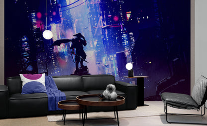 Japanese Samurai in Cyberpunk Futuristic City of Japan Wall Mural. #6452