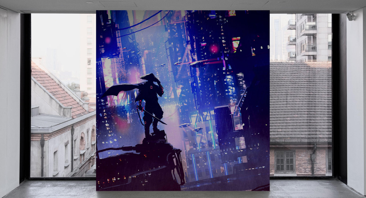 Japanese Samurai in Cyberpunk Futuristic City of Japan Wall Mural. #6452