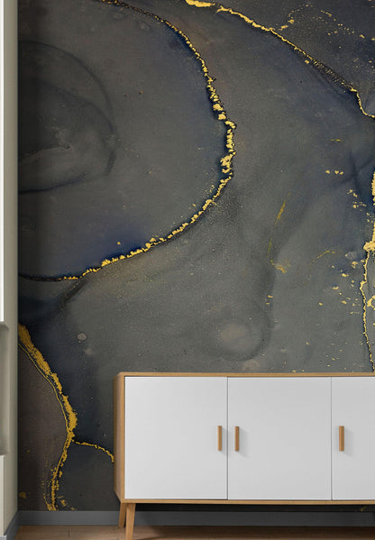 Abstract Black and Gold Agate Marble Stone Pattern Wall Mural. Removable Peel and Stick Wallpaper. #6454