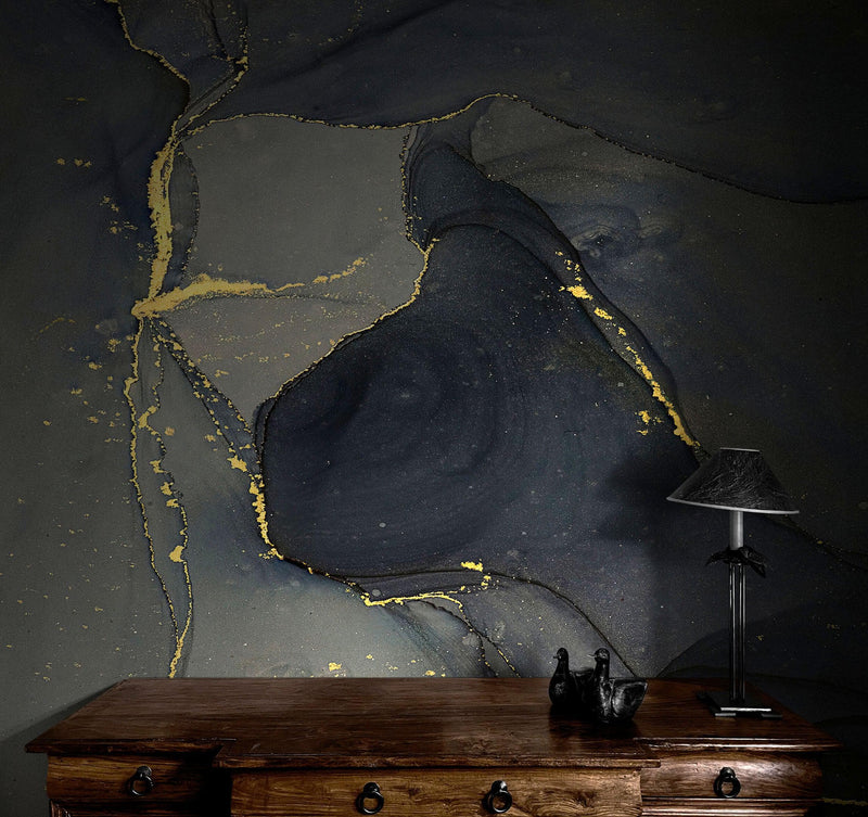 Abstract Black and Gold Agate Marble Stone Pattern Wall Mural. Removable Peel and Stick, view 2