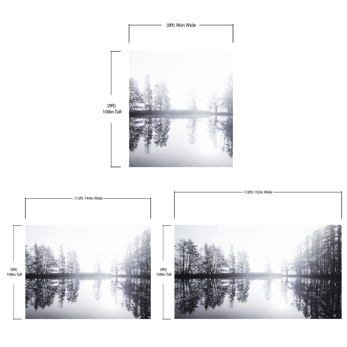 Foggy Woodland Wall Mural. Warm Grey Misty Forest Lakeview Peel and Stick Wallpaper. #6474