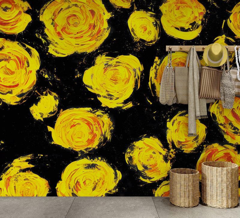 Flower Wallpaper Peel and Stick Wall Mural. Yellow Flowers on Black Background. #6499, view 2