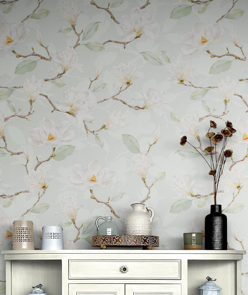 White Magnolia Wall Mural Peel and Stick Wallpaper. #6477, view 2