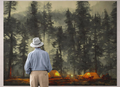 Camping Under the Stars Painting Wallpaper. Woodland Forest Wall Mural. Nature Wall Decor. #6492
