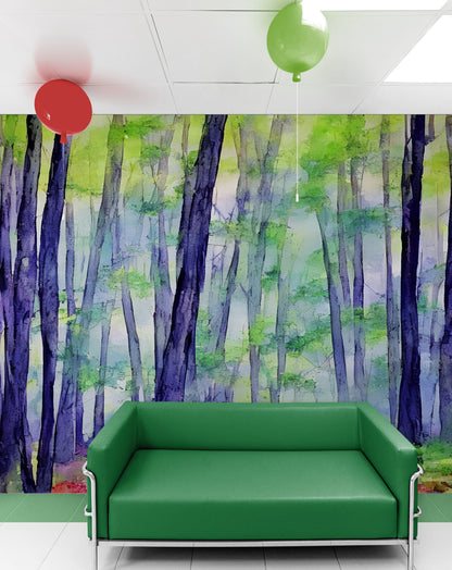 Watercolor Forest Wallpaper. Colorful Forest Peel and Stick Wall Mural. #6493