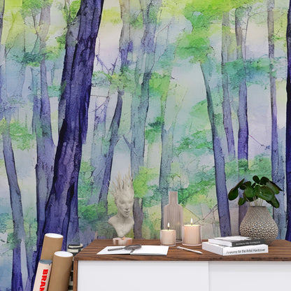 Watercolor Forest Wallpaper. Colorful Forest Peel and Stick Wall Mural. #6493