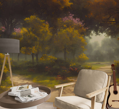 Vintage Trees in Park Wallpaper. Peel and Stick Wall Mural. #6496