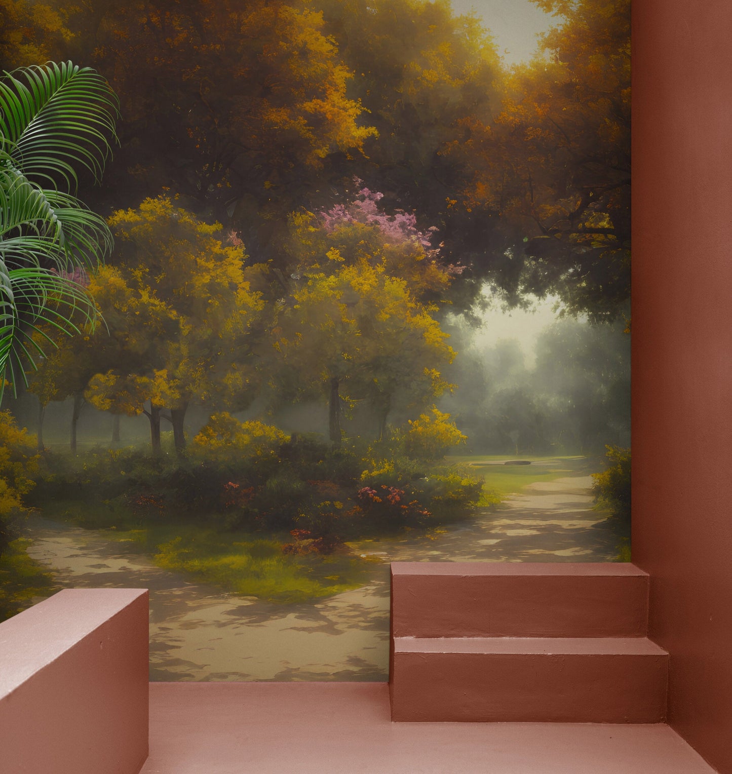 Vintage Trees in Park Wallpaper. Peel and Stick Wall Mural. #6496