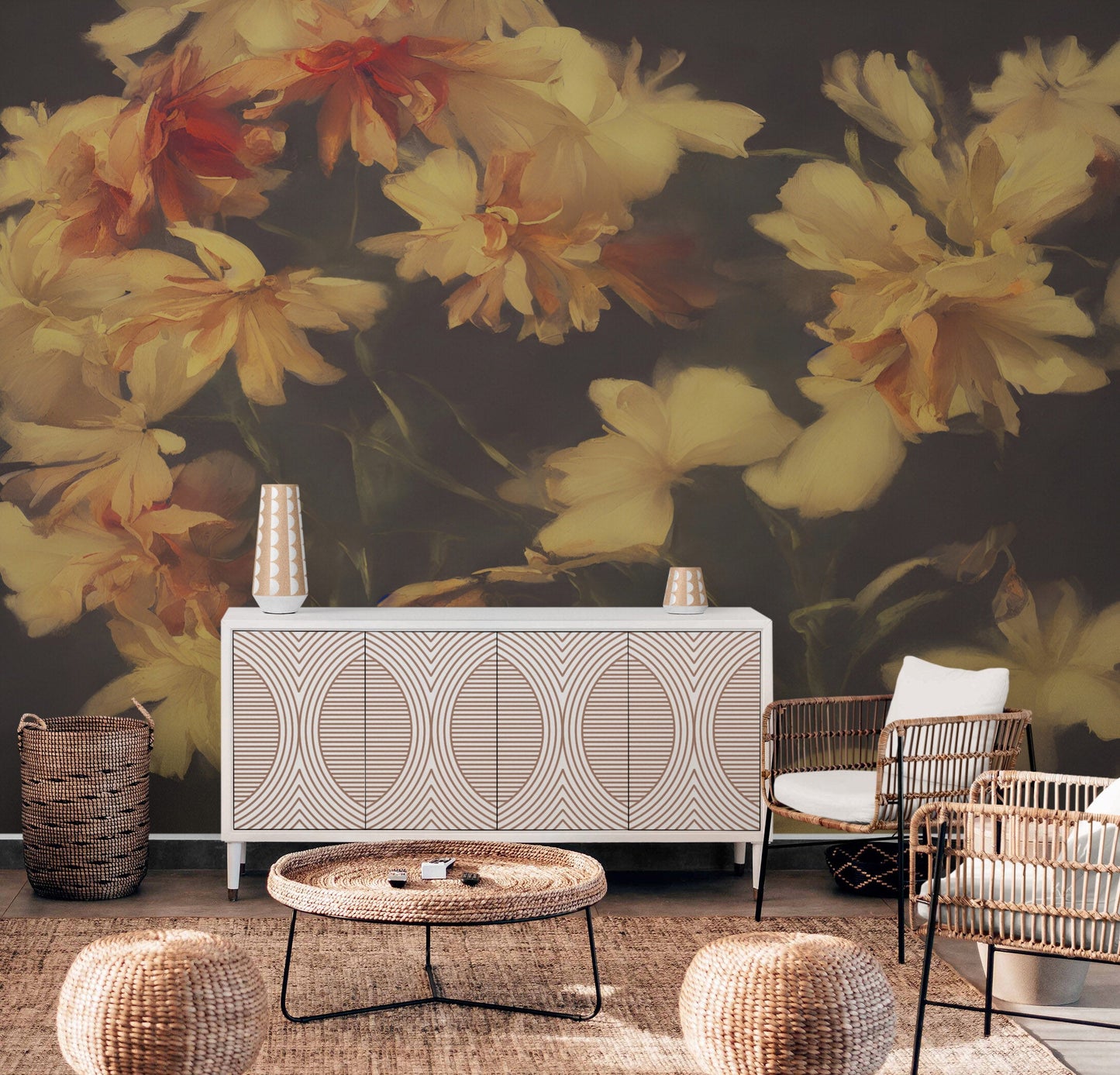Vintage Dark Background with Yellow Flowers Botanical Wallpaper. #6497