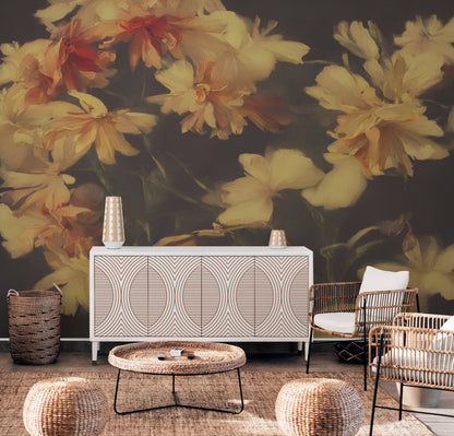 Vintage Dark Background with Yellow Flowers Botanical Wallpaper. #6497