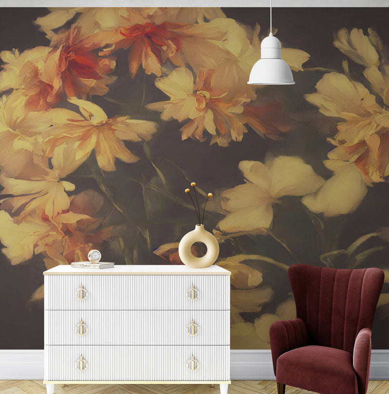 Vintage Dark Background with Yellow Flowers Botanical Wallpaper. #6497, view 2