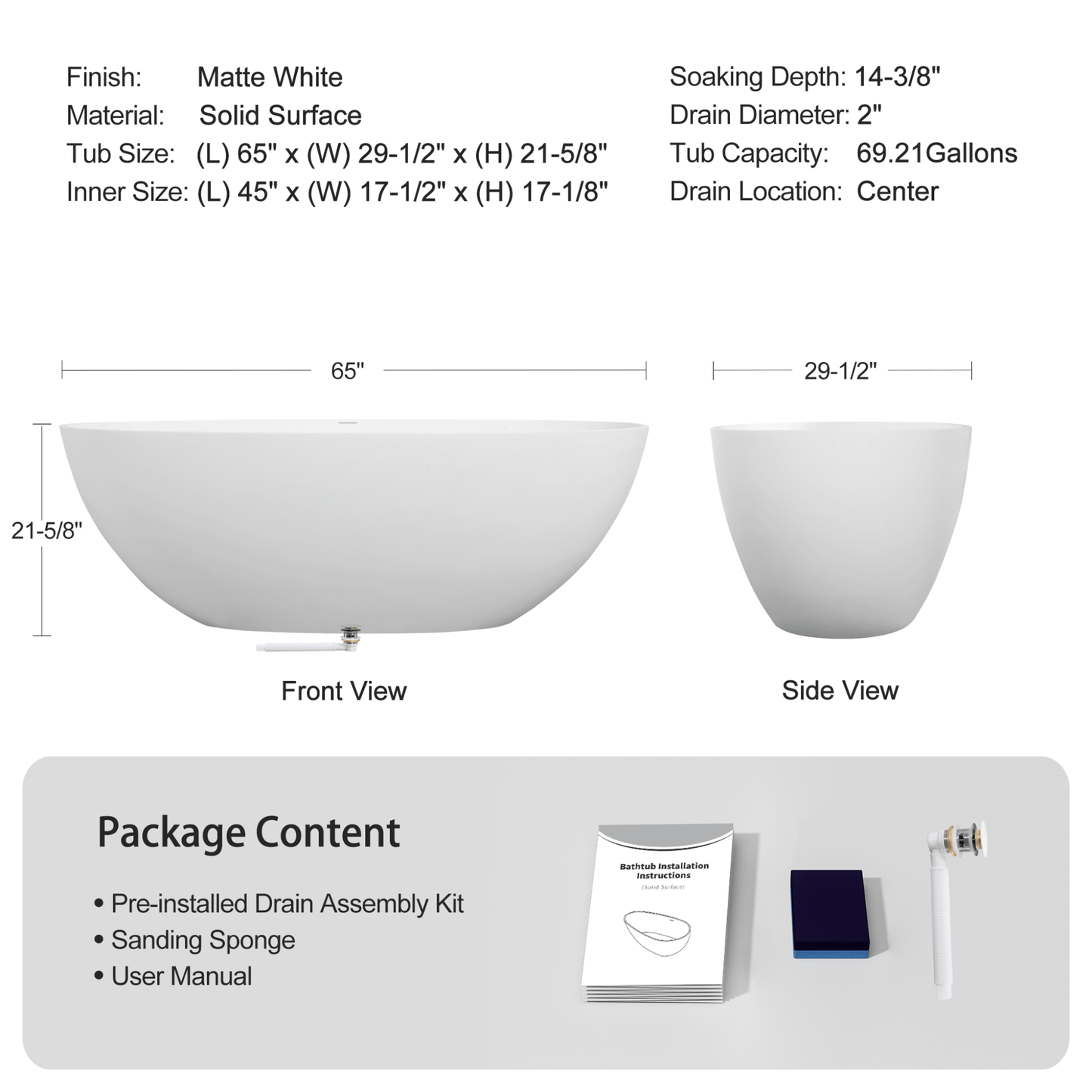 Alora 65-Inch Luxury Freestanding Soaking Bathtub With Overflow And Pop-Up Drain (SAK69451)