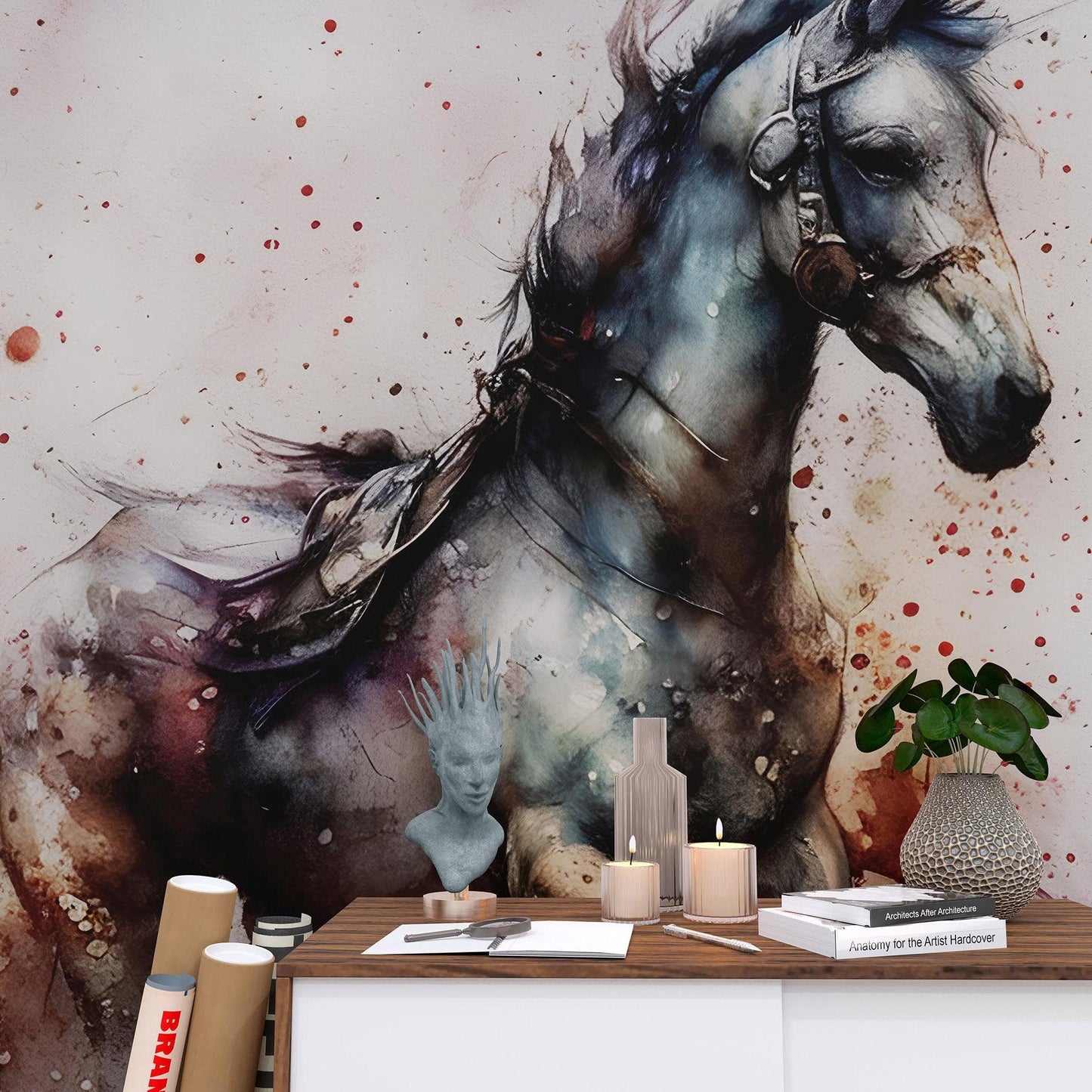 Horse Galloping Watercolor Painting. Cowboy Peel and Stick Wall Mural. #6500