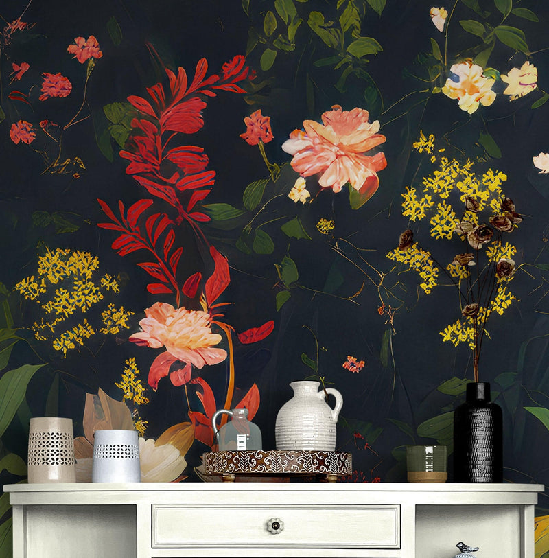 Chinoiserie Flowers Wallpaper. Asian Wall Art Mural #6517, view 2
