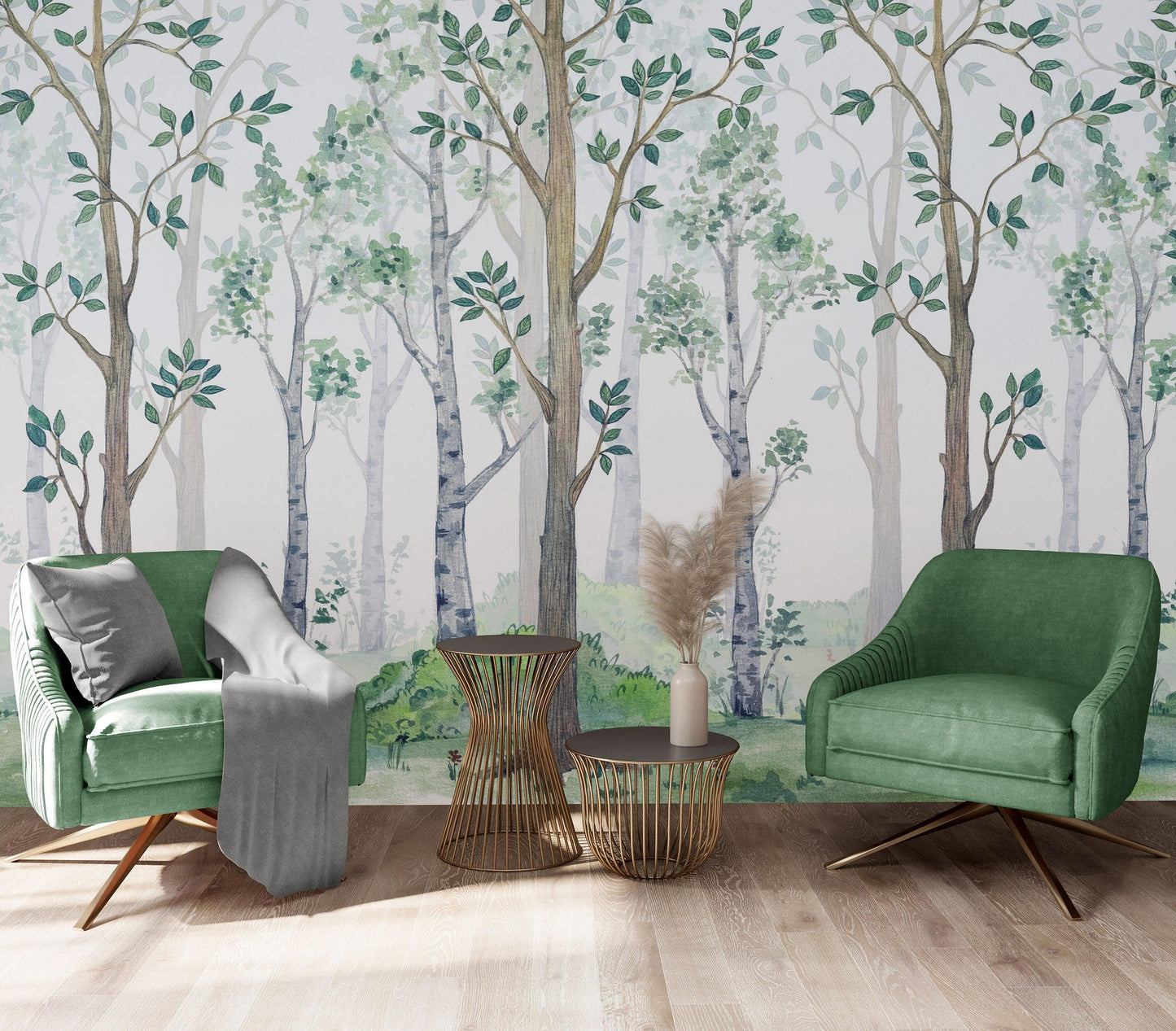 Nursery Woodland Forest Wallpaper. Watercolor Birch Tree Forest Wall Mural. #6525