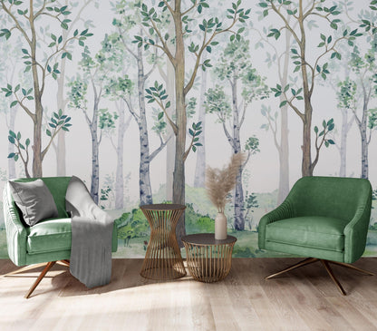 Nursery Woodland Forest Wallpaper. Watercolor Birch Tree Forest Wall Mural. #6525
