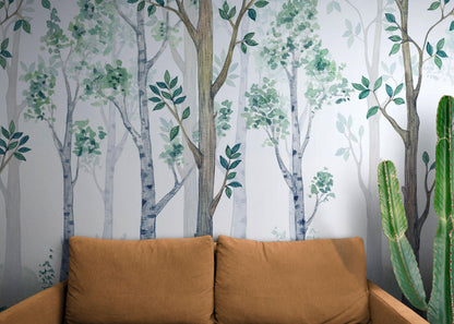 Nursery Woodland Forest Wallpaper. Watercolor Birch Tree Forest Wall Mural. #6525