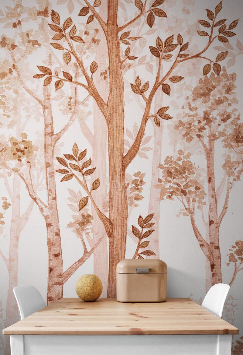 Sepia Tone Nursery Woodland Forest Wallpaper. Watercolor Birch Tree Forest Wall Mural., view 2